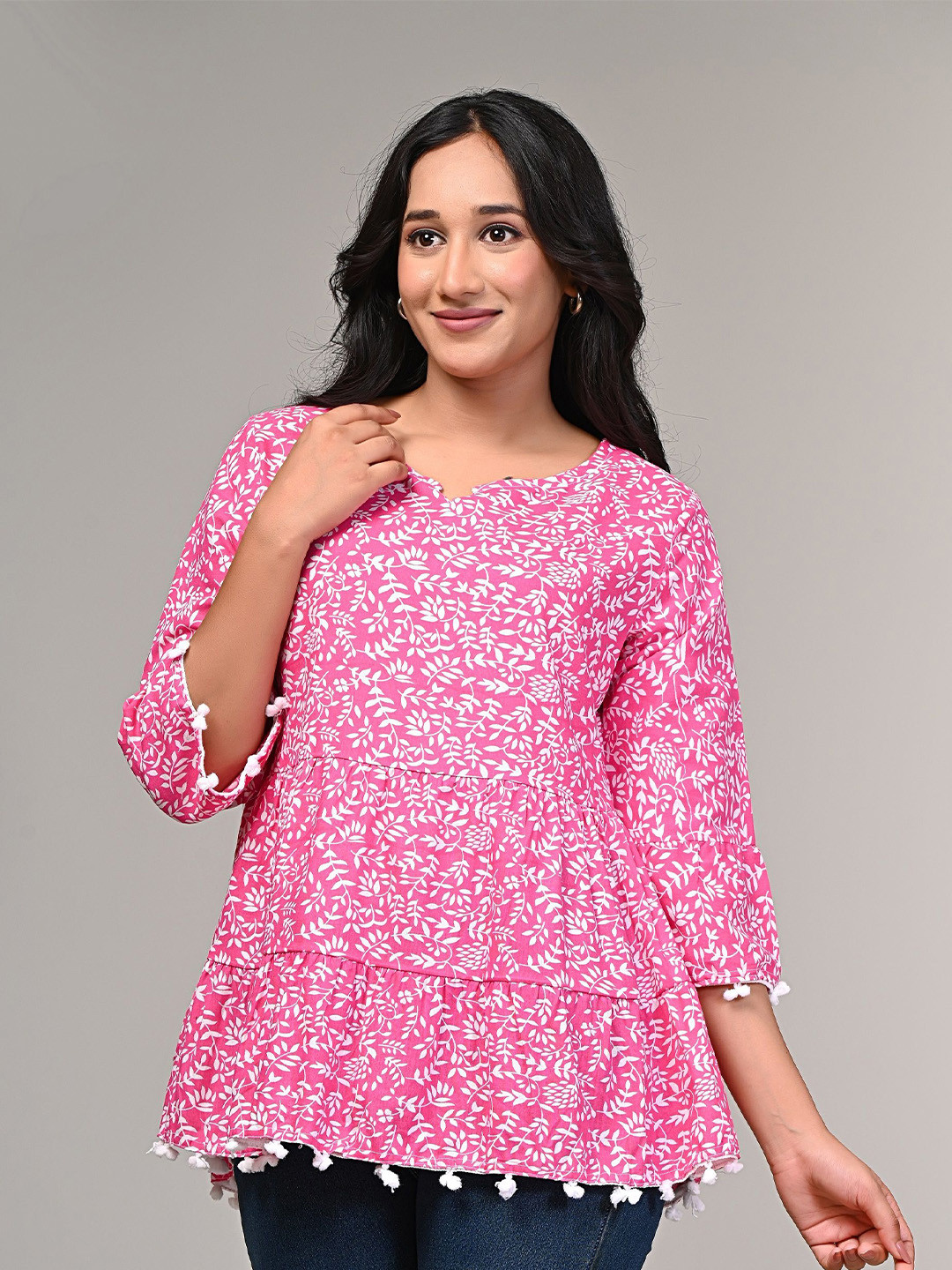 

SAADGEE Women Floral Printed Cotton A-Line Top, Pink