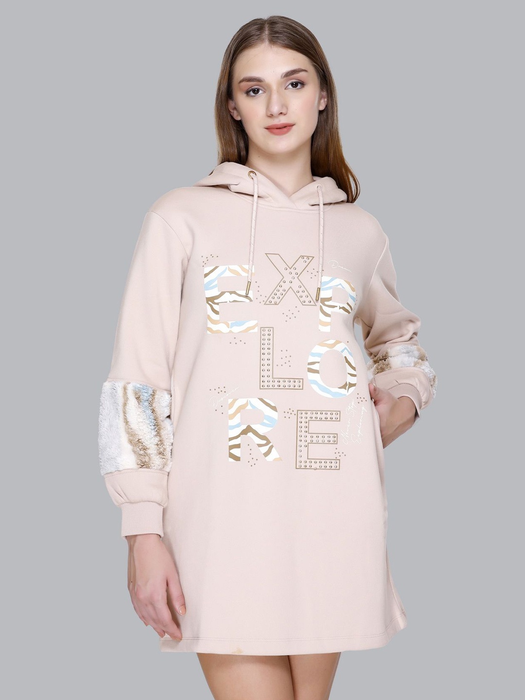 

Yoorix Women Printed Woollen Hooded Sweatshirts, Beige