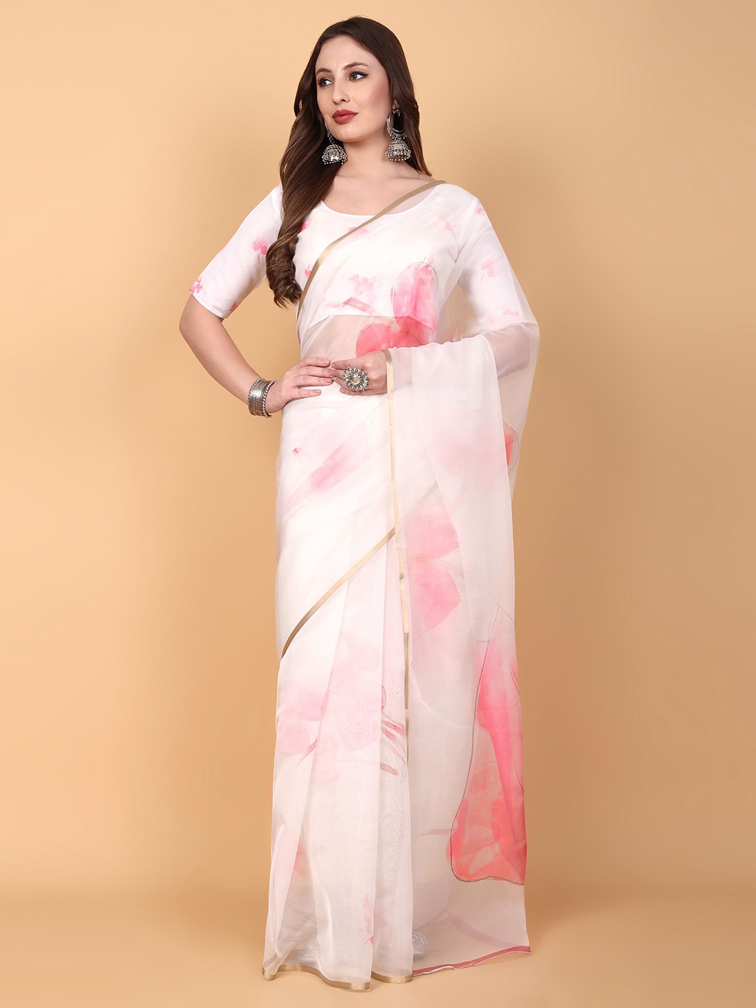 

Vastrang Floral Printed Zari Organza Saree, White