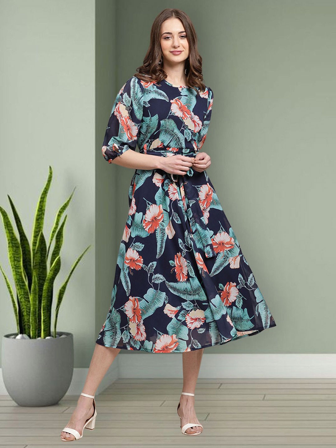 

Mast & Harbour Women Floral Printed Georgette Fit & Flare Midi Dress, Teal