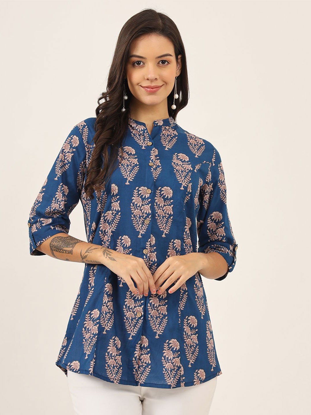 

BAESD Floral Print Mandarin Collar Roll-Up Sleeves Ethnic Cotton Top, Blue