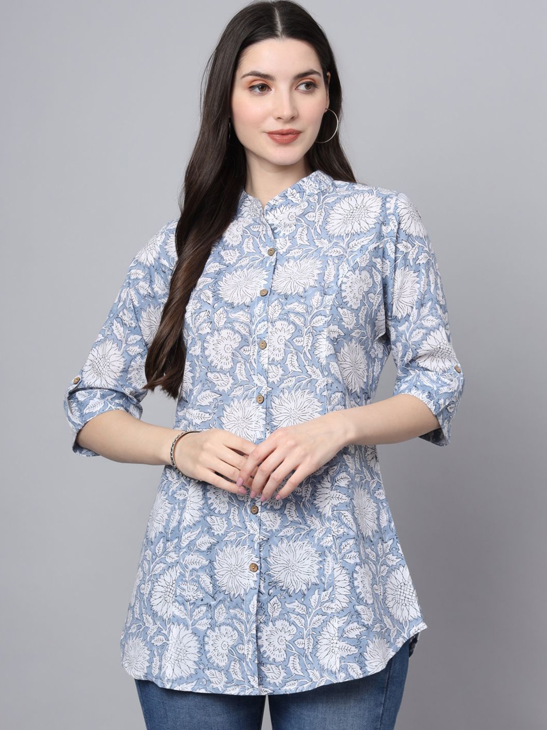 

BAESD Women Floral Printed Mandarin Collar Cotton Top, White