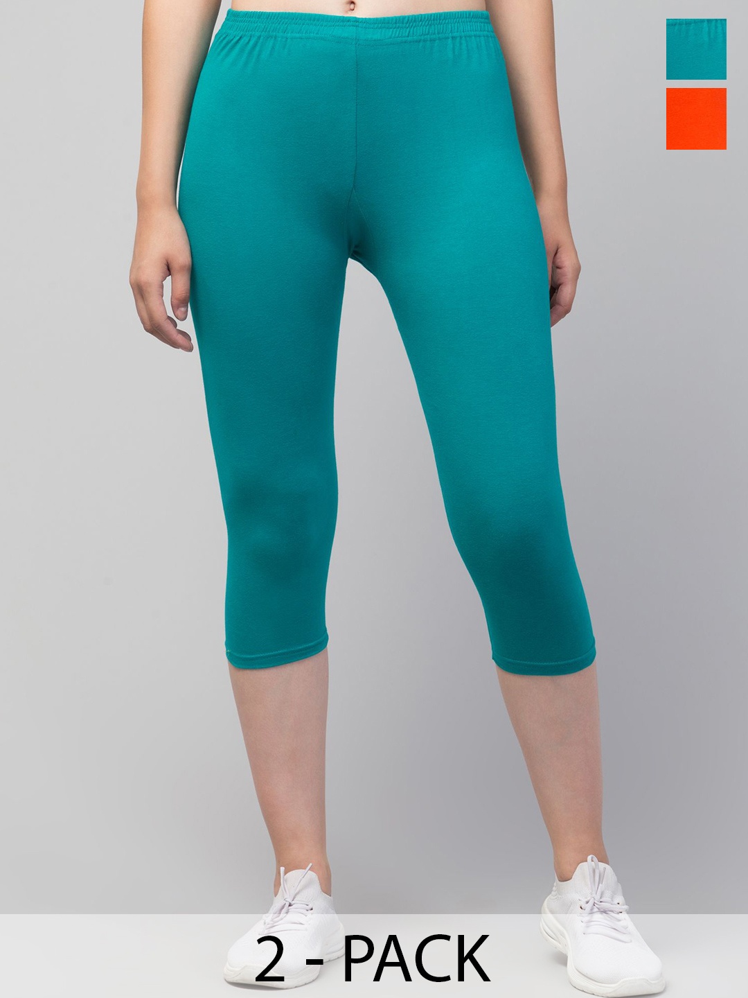 

ULLAS Women Pack of 2 Skinny Fit Mid-Rise Capris, Orange
