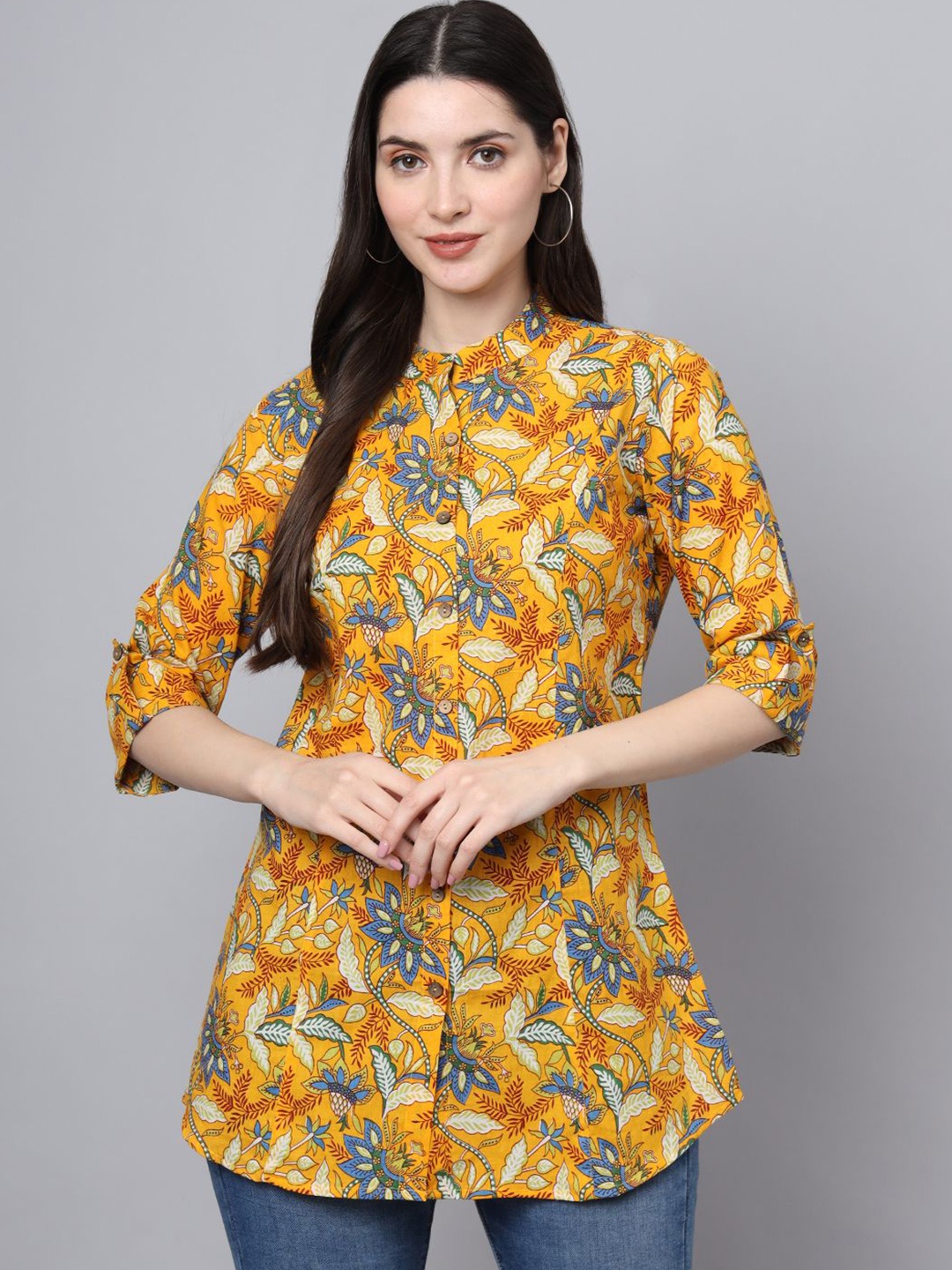 

BAESD Floral Print Mandarin Collar Roll-Up Sleeves Cotton Shirt Style Top, Yellow