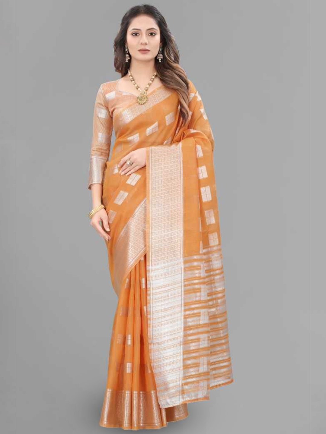 

A TO Z CART Ethnic Motifs Woven Design Zari Pure Linen Saree, Orange