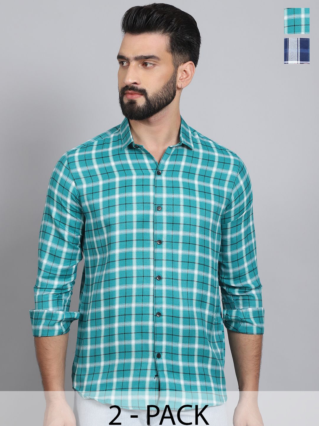 

Tanip Men Pack Of 2 Spread Collar Tartan Checked Cotton Casual Shirts, Sea green