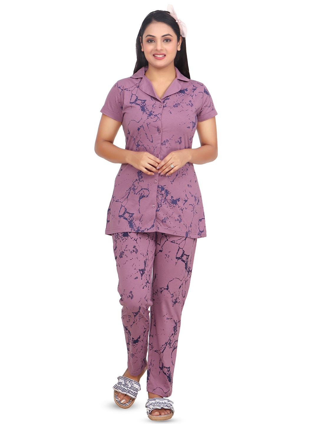 

CLINT Abstract Printed Lapel Collar Shirt With Pyjama, Purple