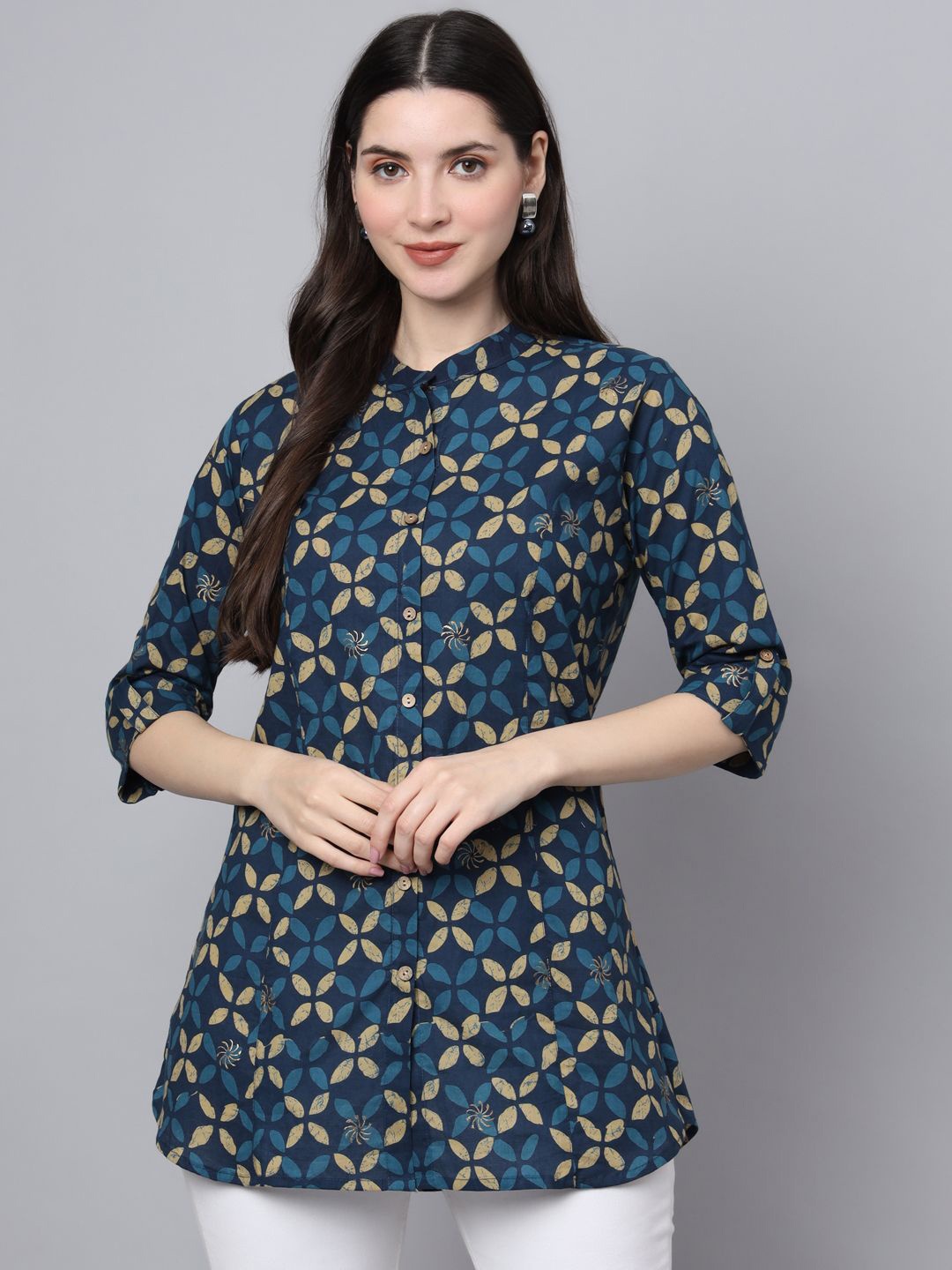 

BAESD Women Ethnic Motifs Printed Mandarin Collar Roll-Up Sleeves Shirt Style Cotton Top, Navy blue