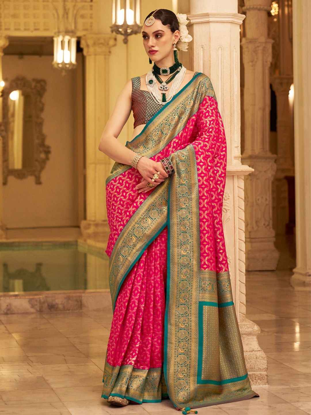 

Anouk Ethnic Motifs Zari Kanjeevaram Saree, Pink