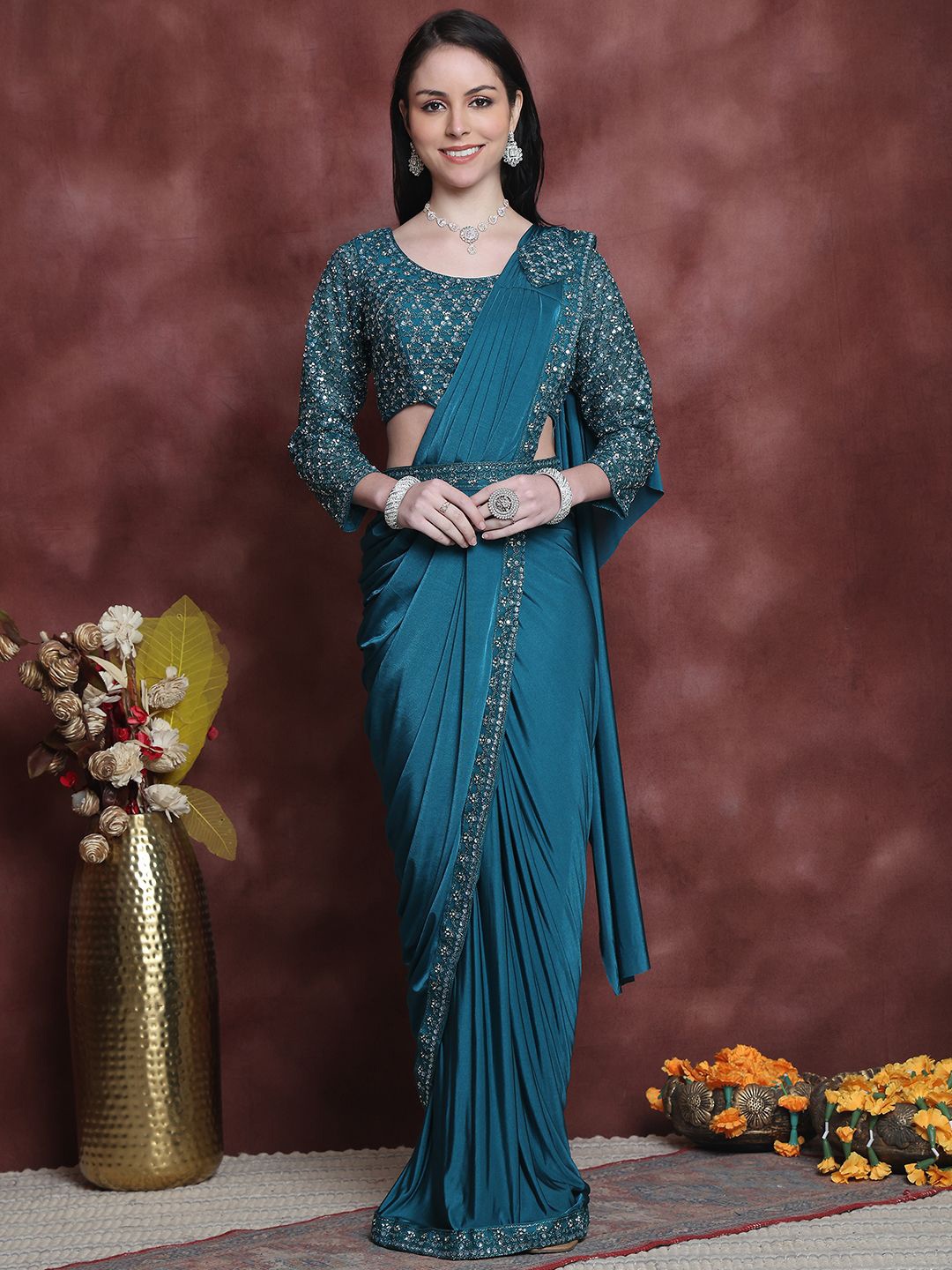 

Grancy Embellished Ready to Wear Saree With Stitched Blouse and Belt, Teal