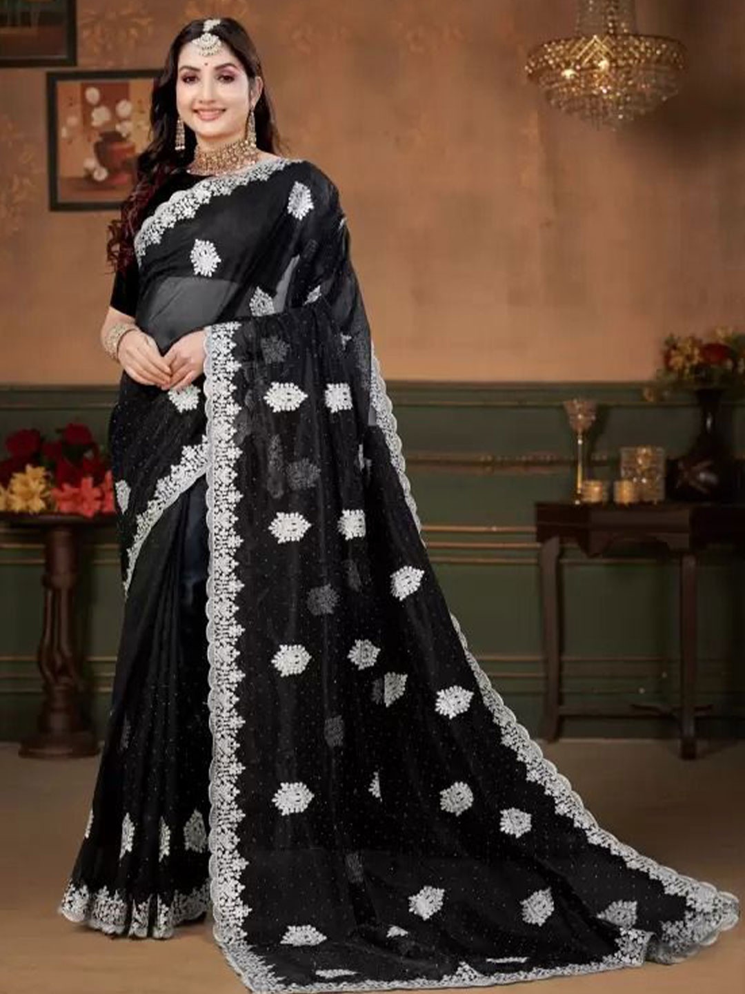 

Florence Embellished Embroidered Net Saree, Black