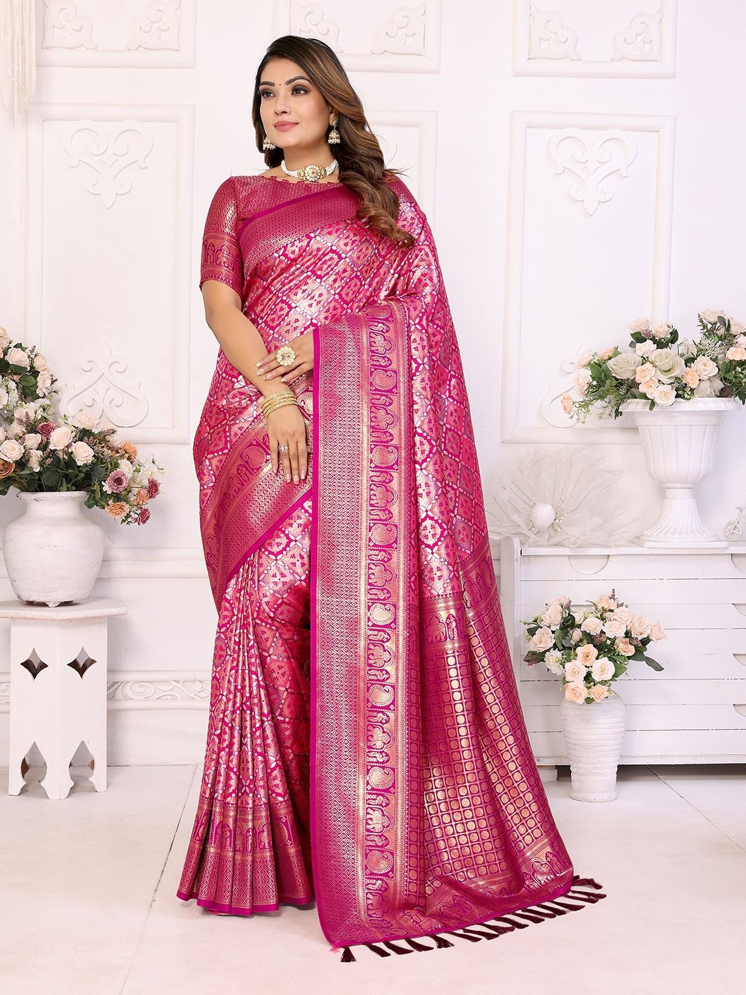 

Mitera Embellished Zari Silk Blend Designer Banarasi Saree, Pink