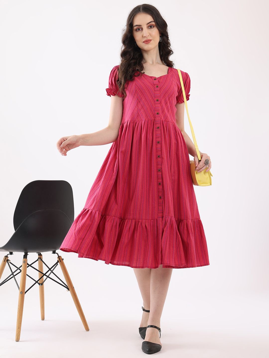 

Kinjo Women Striped Puff Sleeve A-Line Dress, Pink