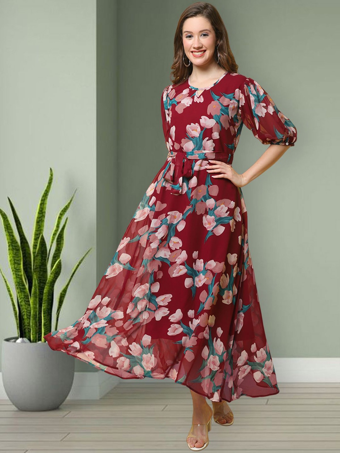 

Mast & Harbour Women Floral Print Puff Sleeve Layered Flared Fit & Flare Midi Dress, Maroon