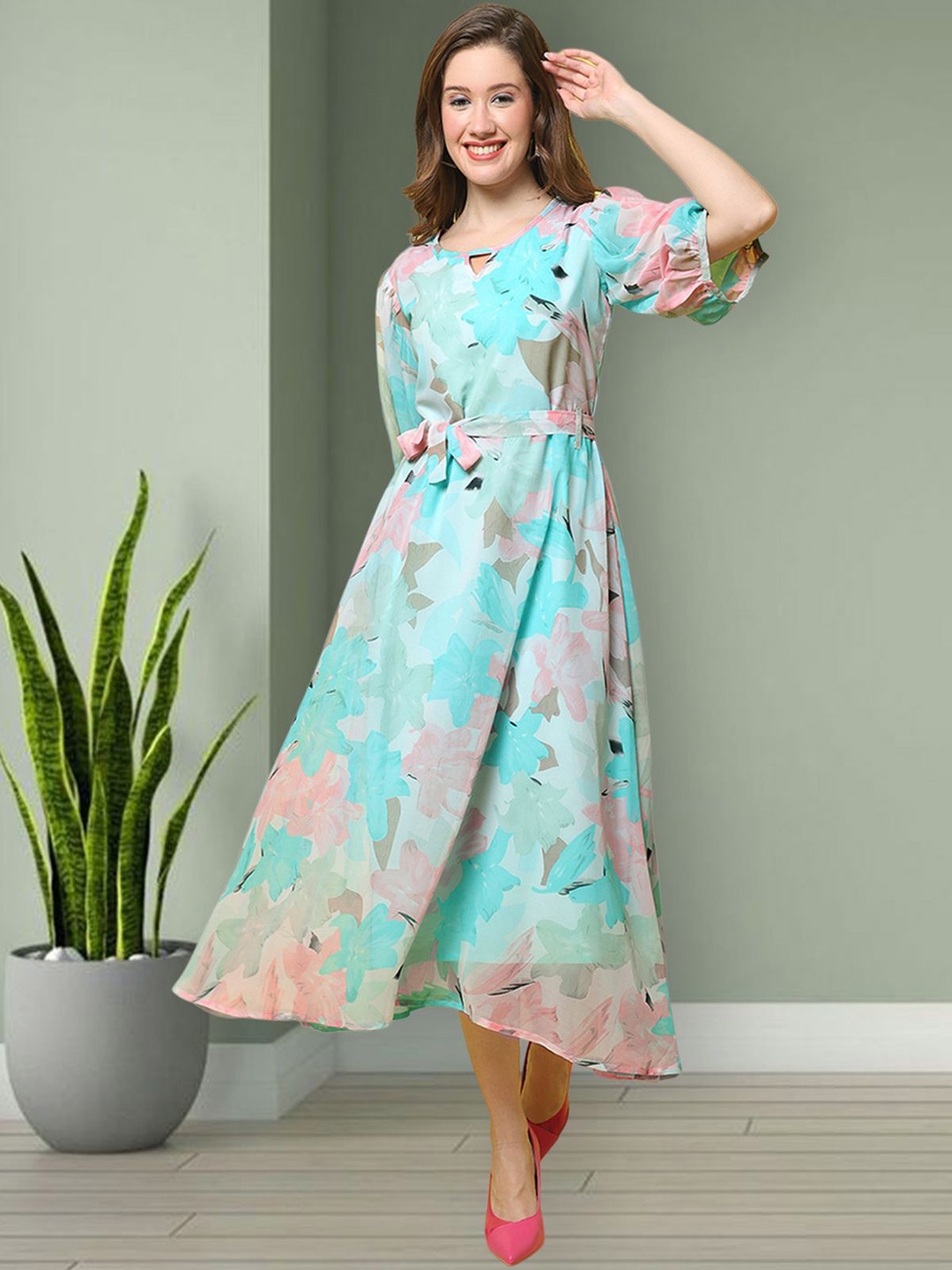 

Mast & Harbour Women Floral Print Puff Sleeve Fit & Flare Dress, Teal