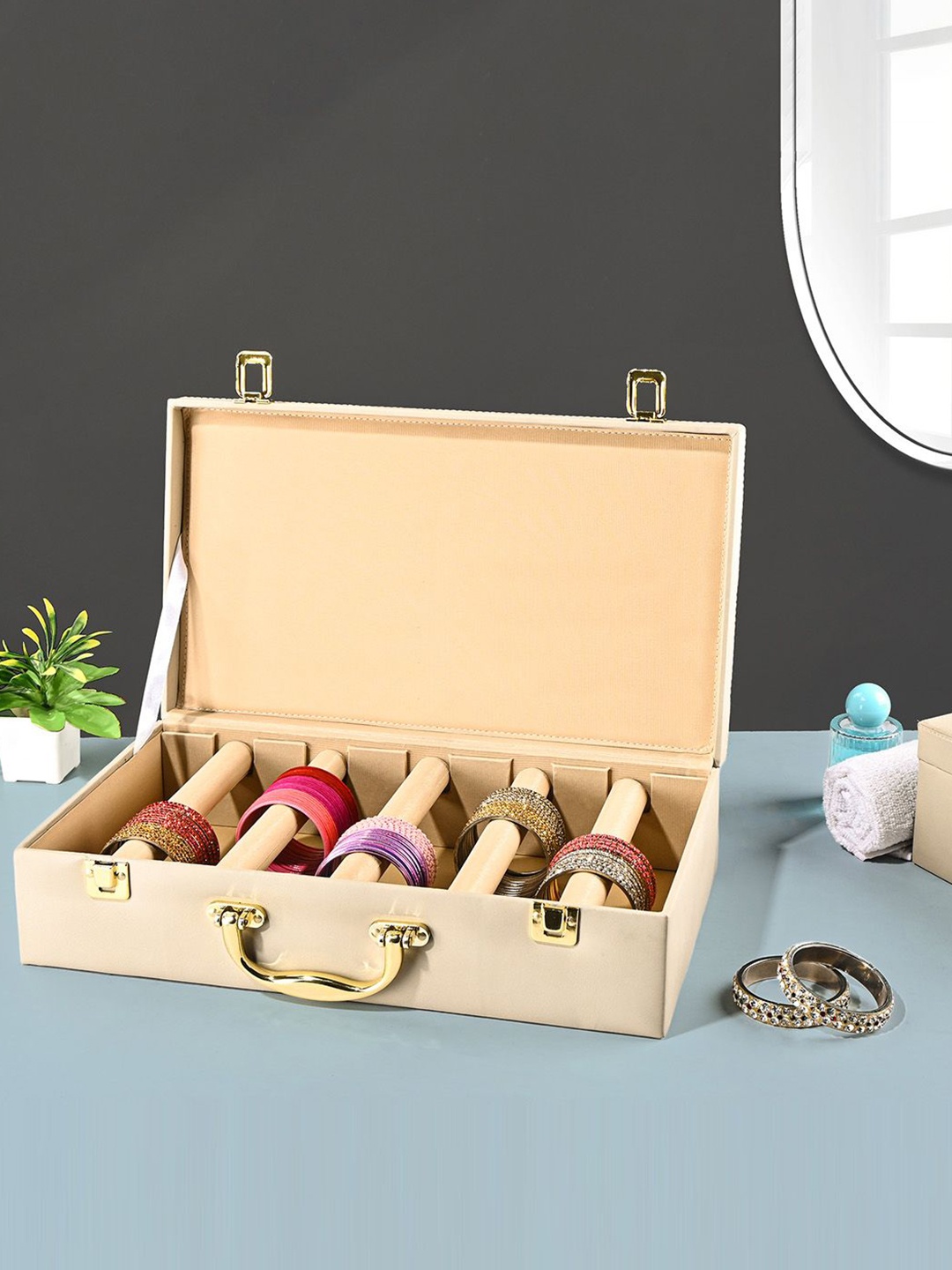 

Kuber Industries Beige 2 Pieces Printed Faux Leather 5 Rod Bangle Box Organisers