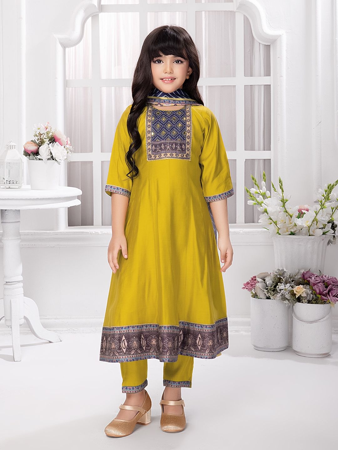 

Tiny Kingdom Geometric Yoke Design Panelled Anarkali Kurta With Trouser & Dupatta, Mustard