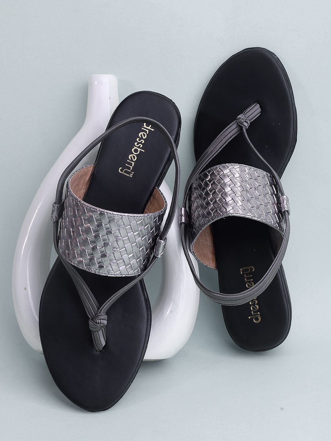 

DressBerry Women Textured T- Straps Flats, Grey