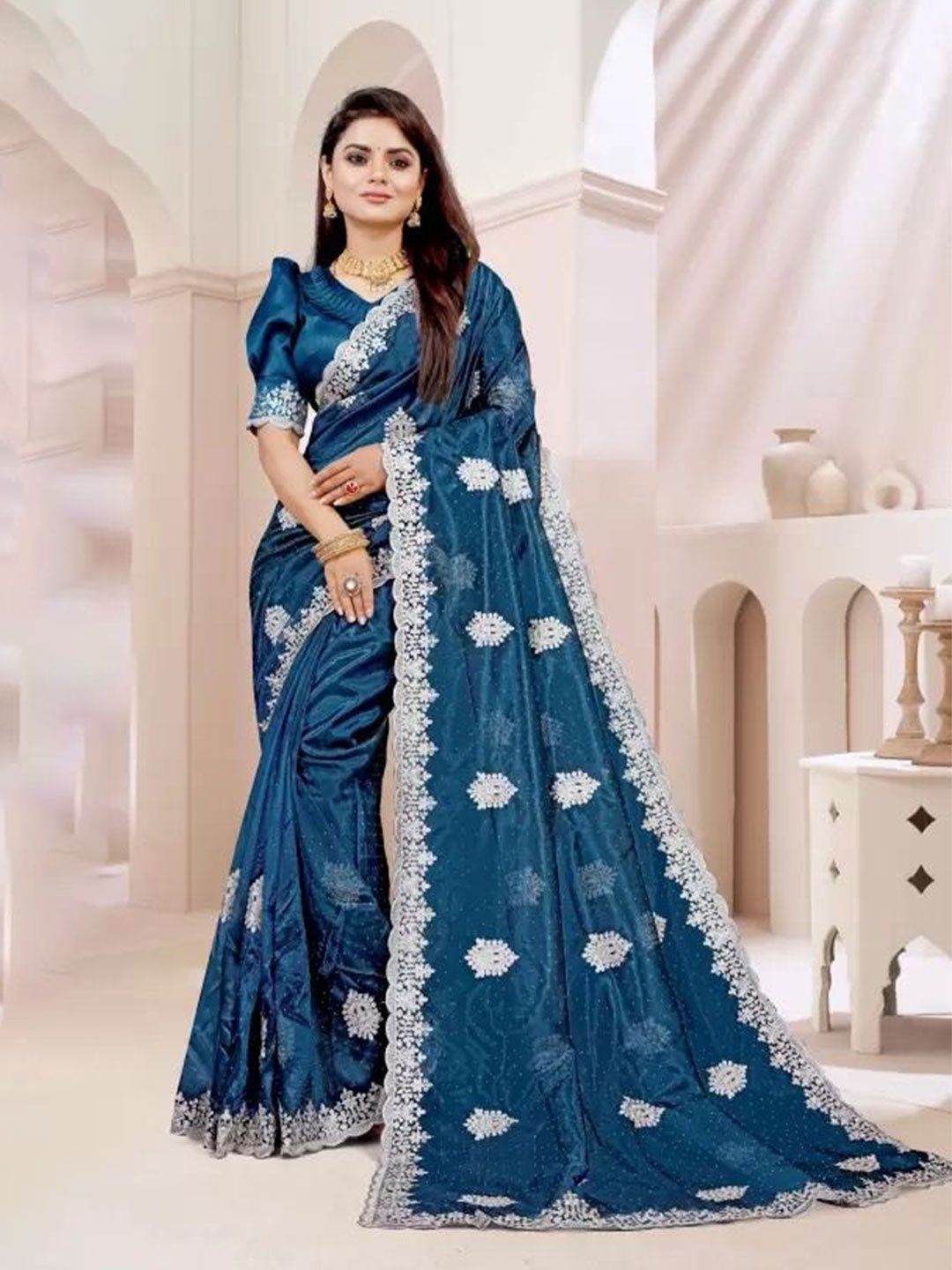 

Florence Embellished Embroidered Net Designer Saree, Turquoise blue