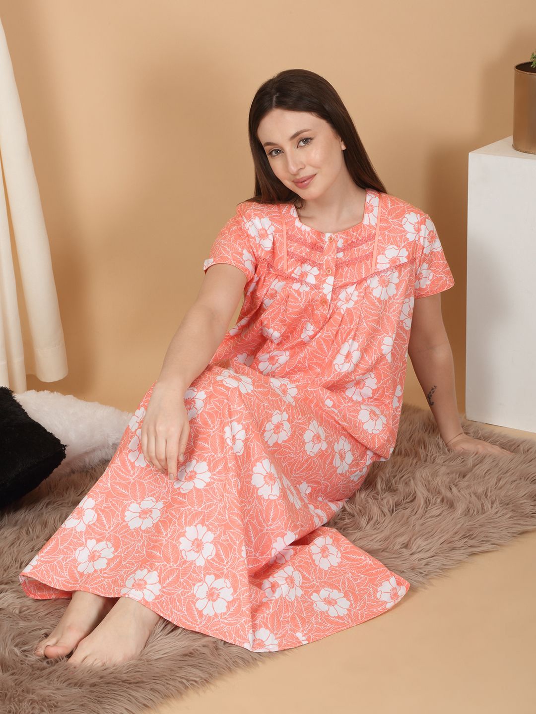 

SAANJ Floral Printed Pure Cotton Maxi Nightdress, Peach