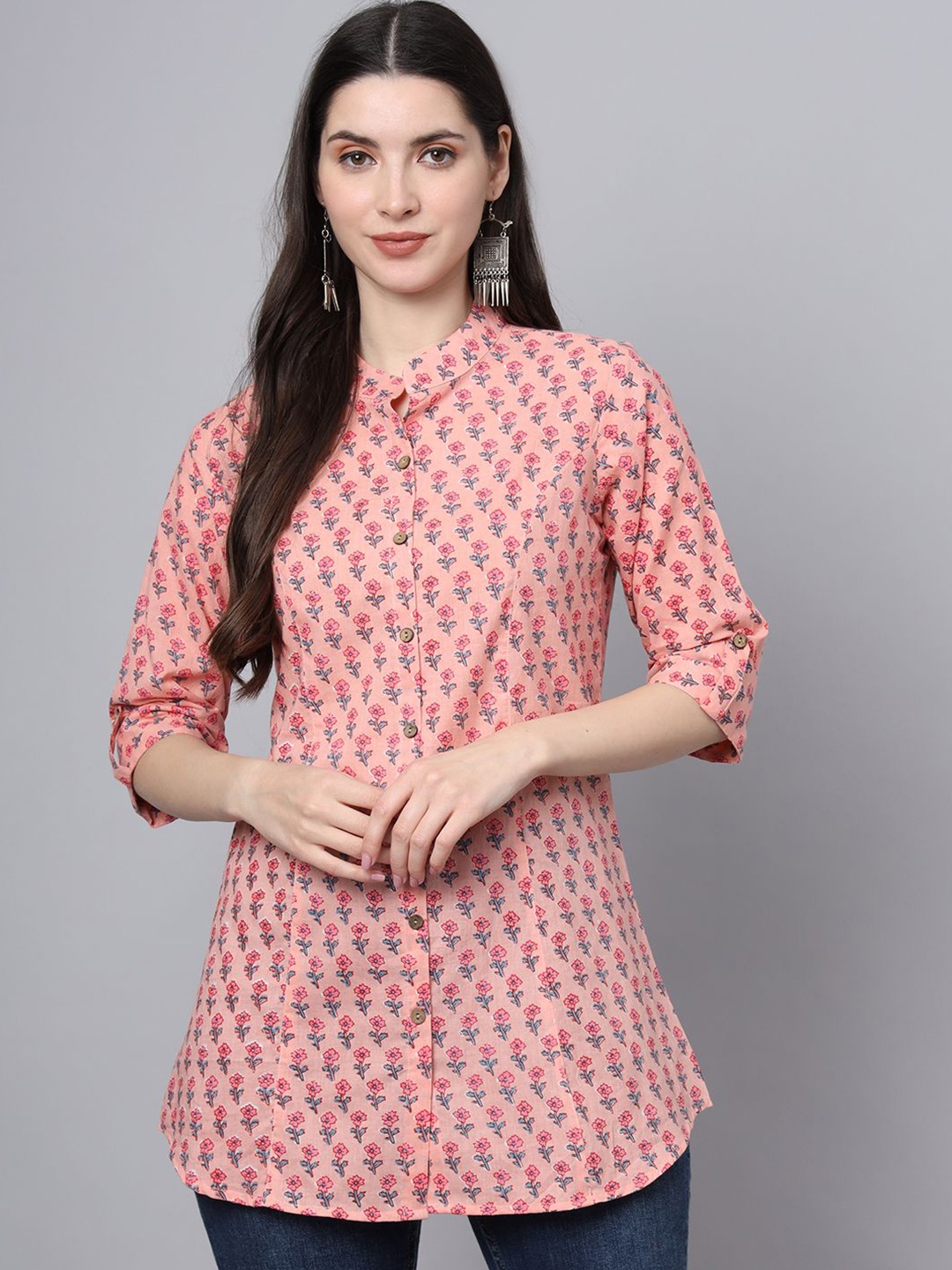 

BAESD Floral Print Mandarin Collar Roll-Up Sleeves Cotton Shirt Style Top, Pink