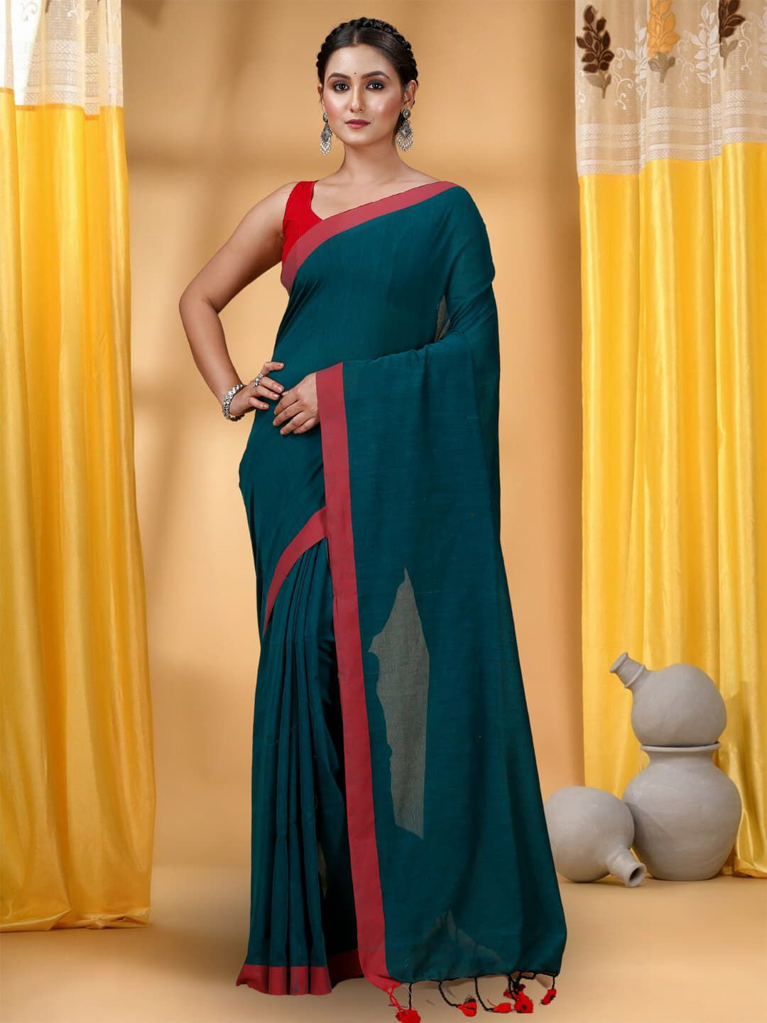 

T.J. SAREES Pure Cotton Saree, Teal