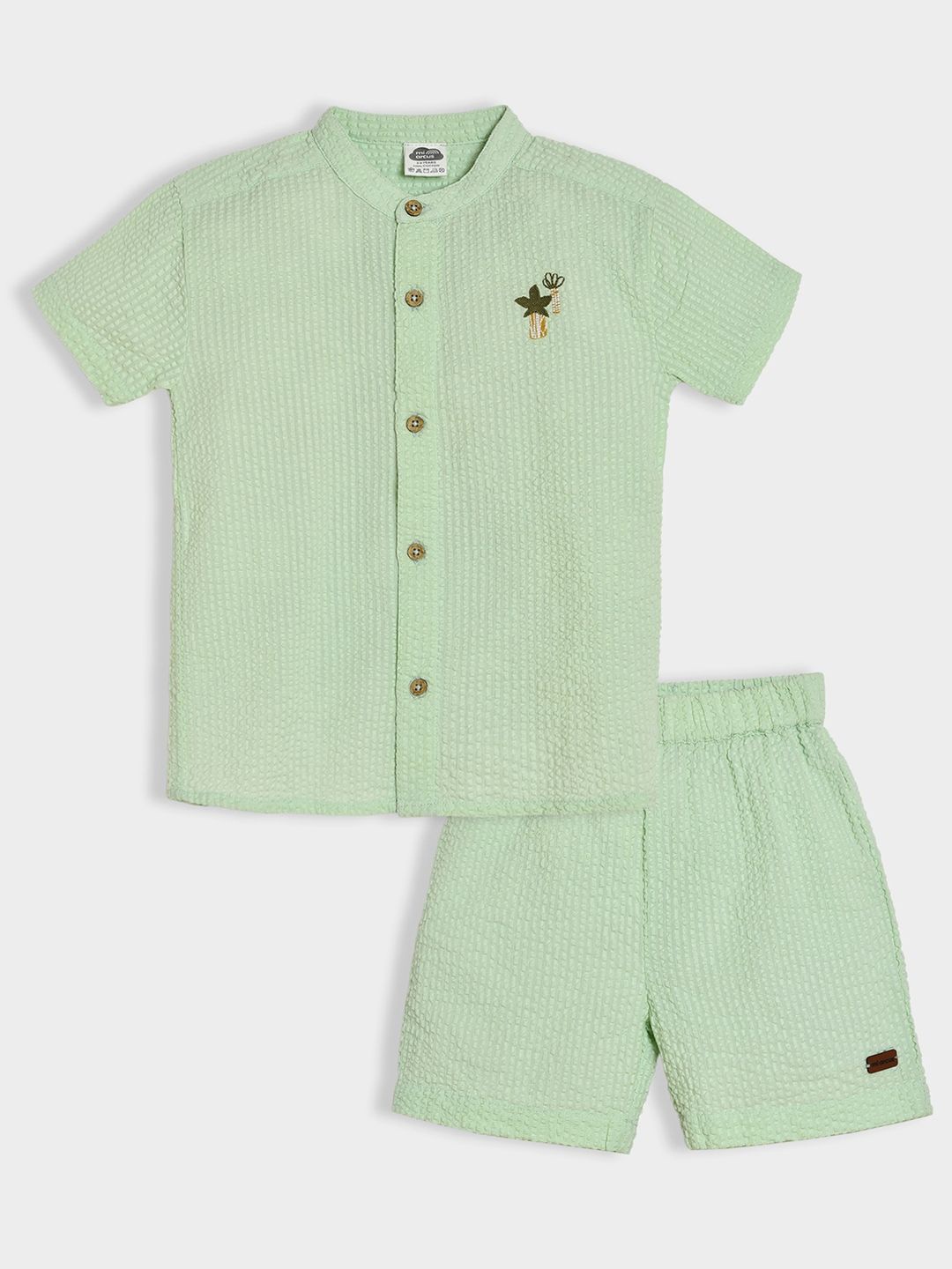 

MiArcus Kids Textured Mandarin Collar Pure Cotton Shirt With Shorts, Green