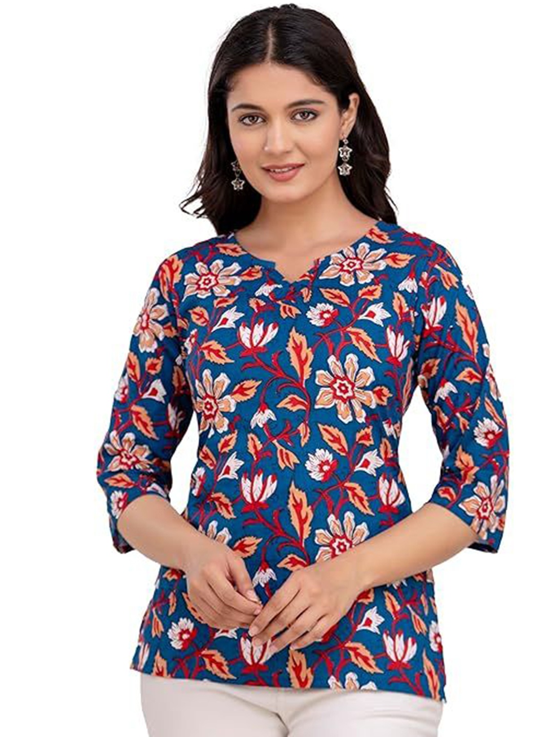 

Madnoo Women Floral Printed Cotton A-Line Top, Blue