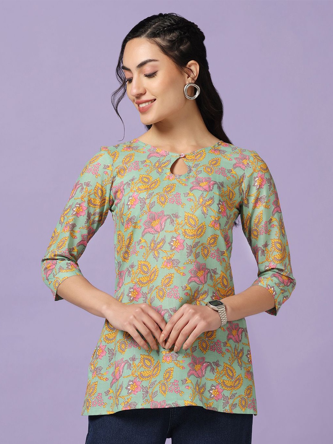 

Moda Rapido Floral Printed Keyhole Neck Cotton Top, Green
