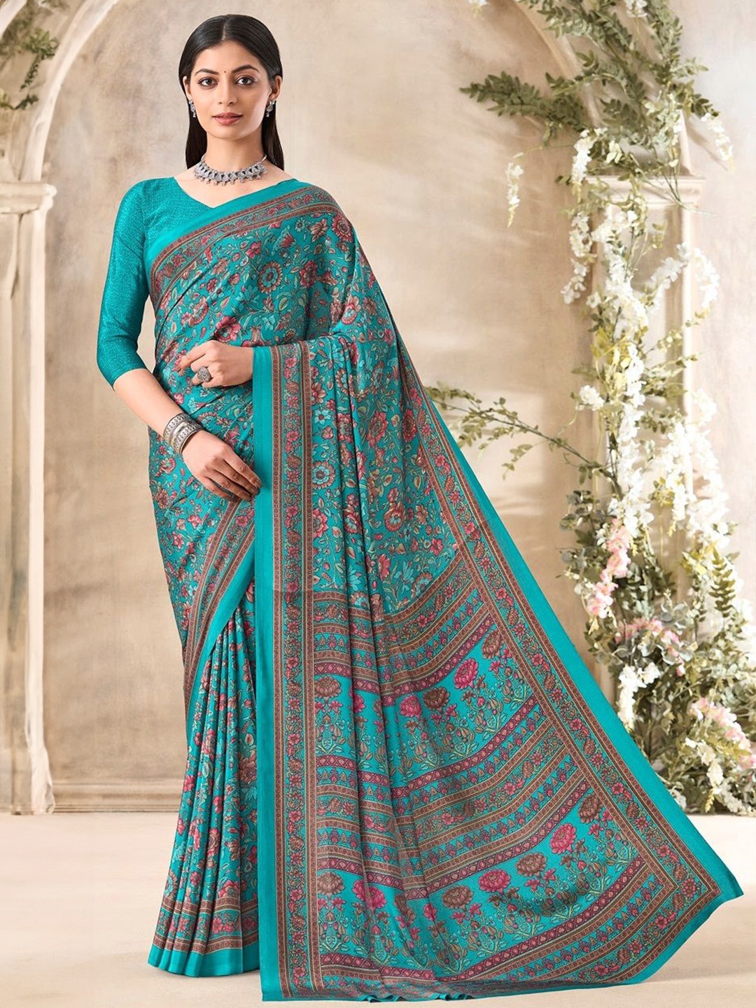 

DURGA EMPORIO Floral Pure Crepe Saree, Teal