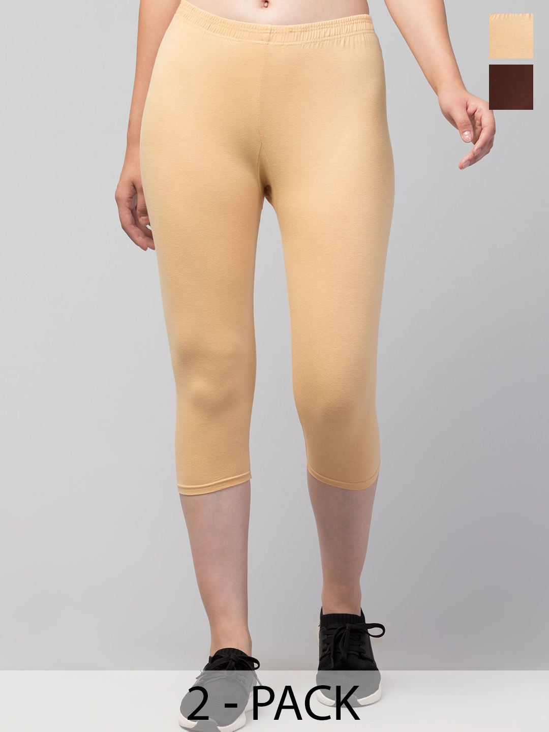 

ULLAS Women Pack of 2 Cotton Lycra Skinny Fit Capris, Brown