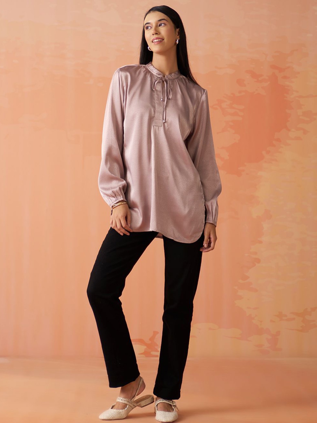 

Lakshita Women Mandarin Collar Shirt Style Top, Beige