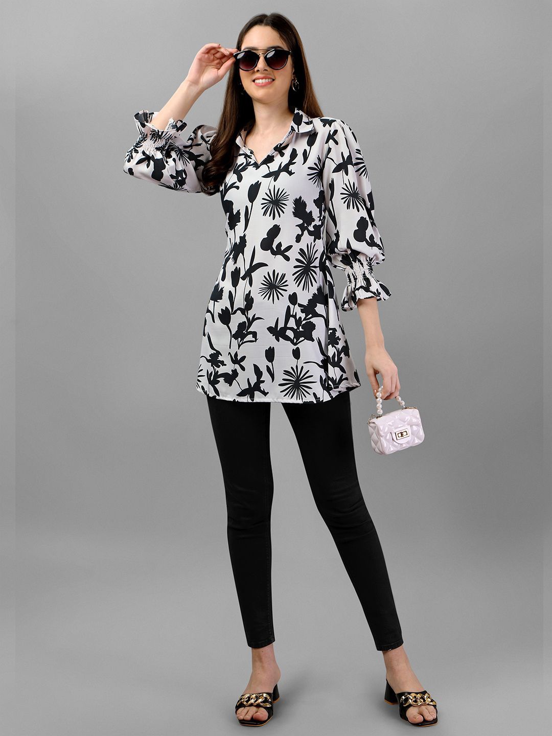 

RIEKA Women Shirt Collar Floral Printed Top, White