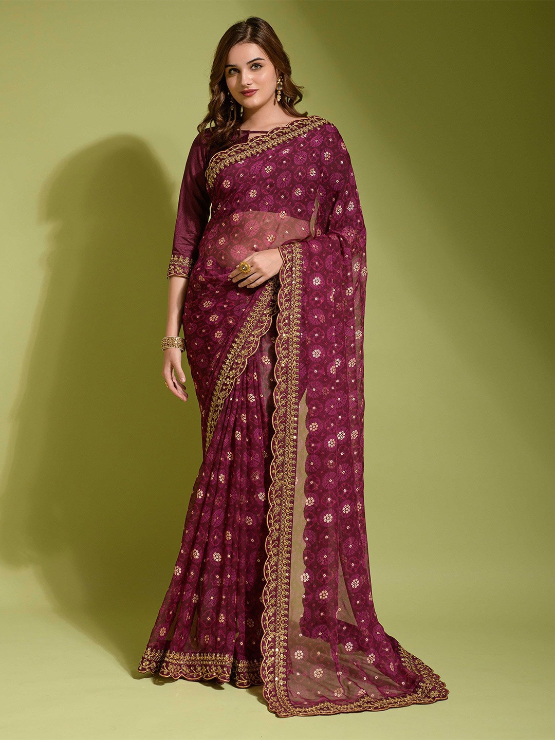 

Peachmode Bandhani Printed Sequinned Embroidered Pure Georgette Saree, Purple