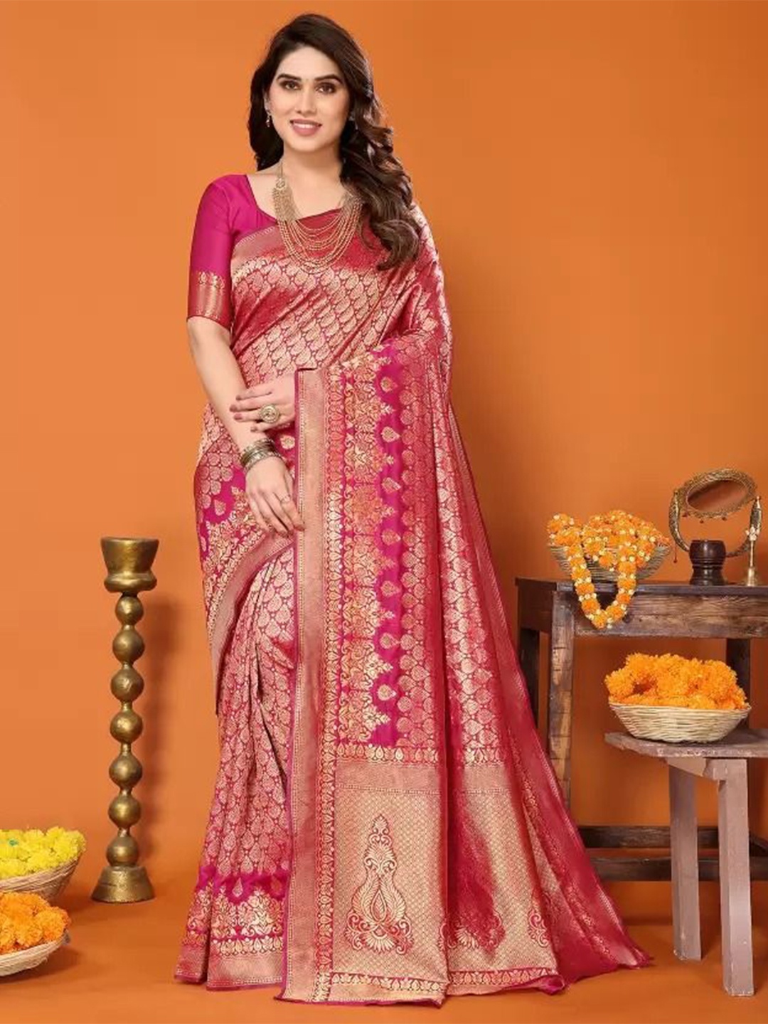 

Florence Woven Design Pure Silk Fusion Saree, Pink