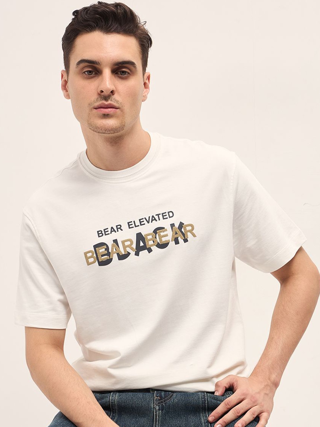 

THE BEAR HOUSE Men Typography Printed Round Neck Cotton T-shirt, White