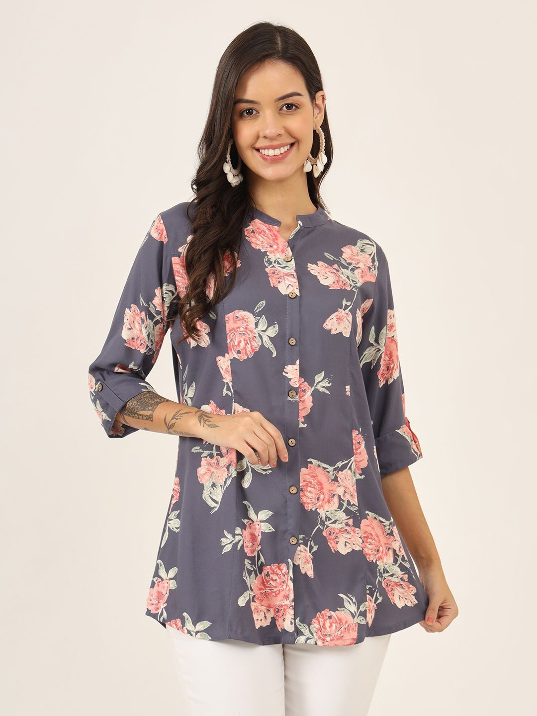 

BAESD Women Floral Printed Mandarin Collar Roll-Up Sleeves Cotton Longline Top, Grey