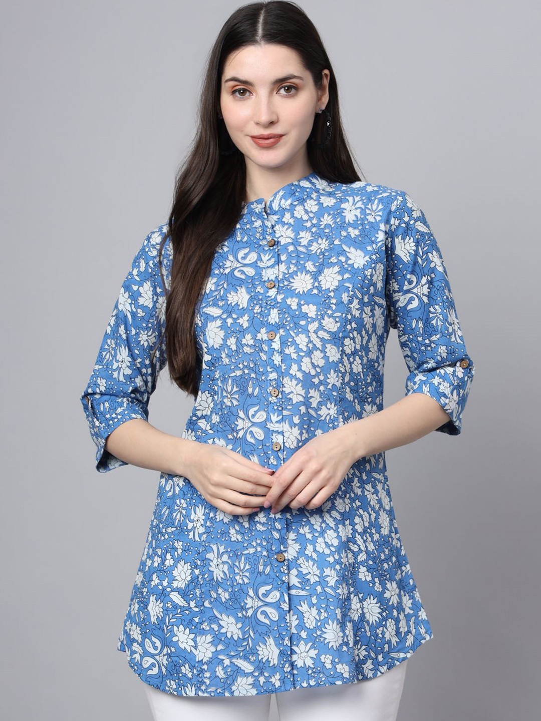 

BAESD Women Floral Printed Mandarin Collar Roll-Up Sleeves Shirt Style Longline Cotton Top, Blue