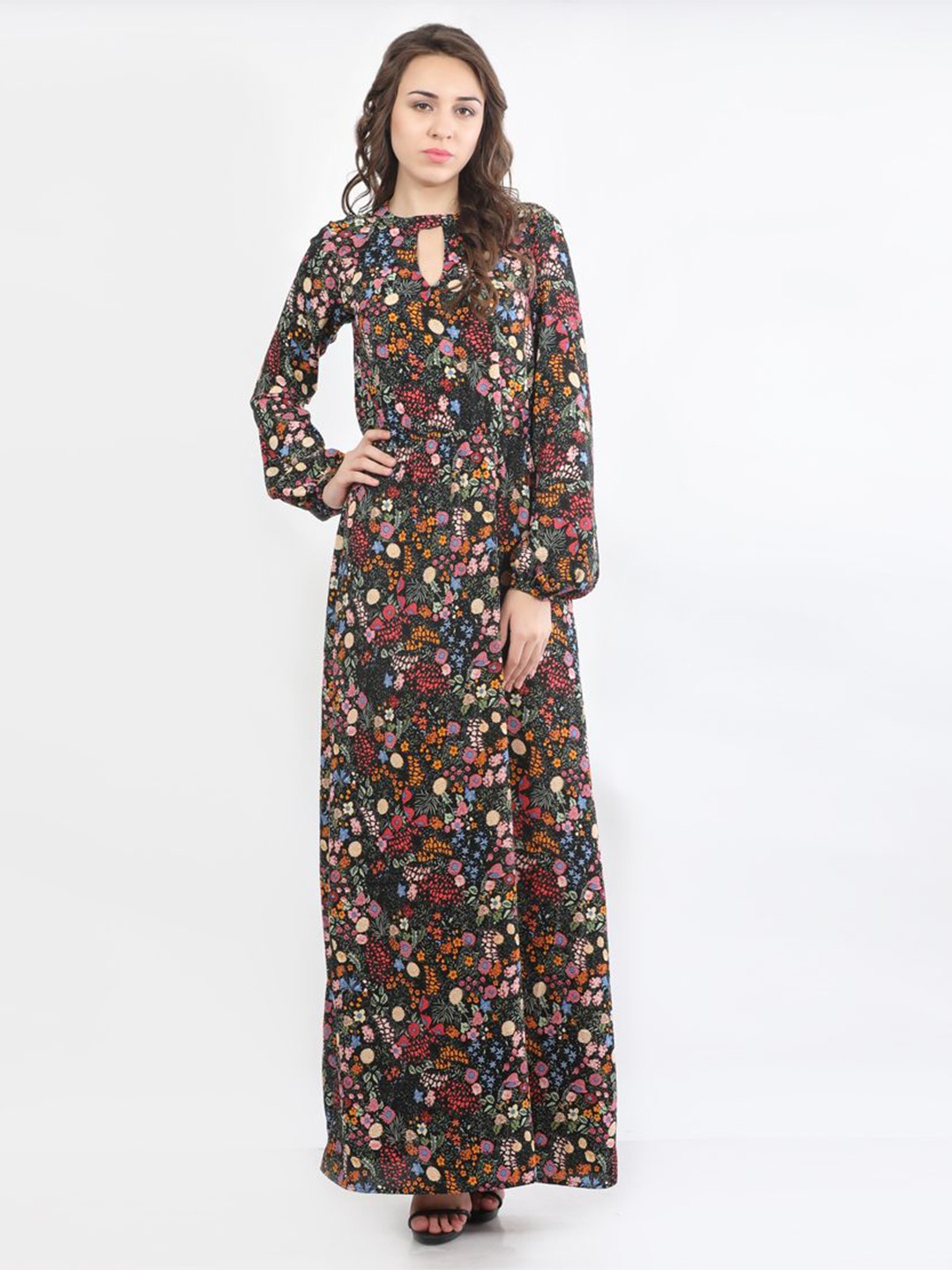 

DELIS Women Floral Printed Puff Sleeve Georgette Maxi Dress, Black