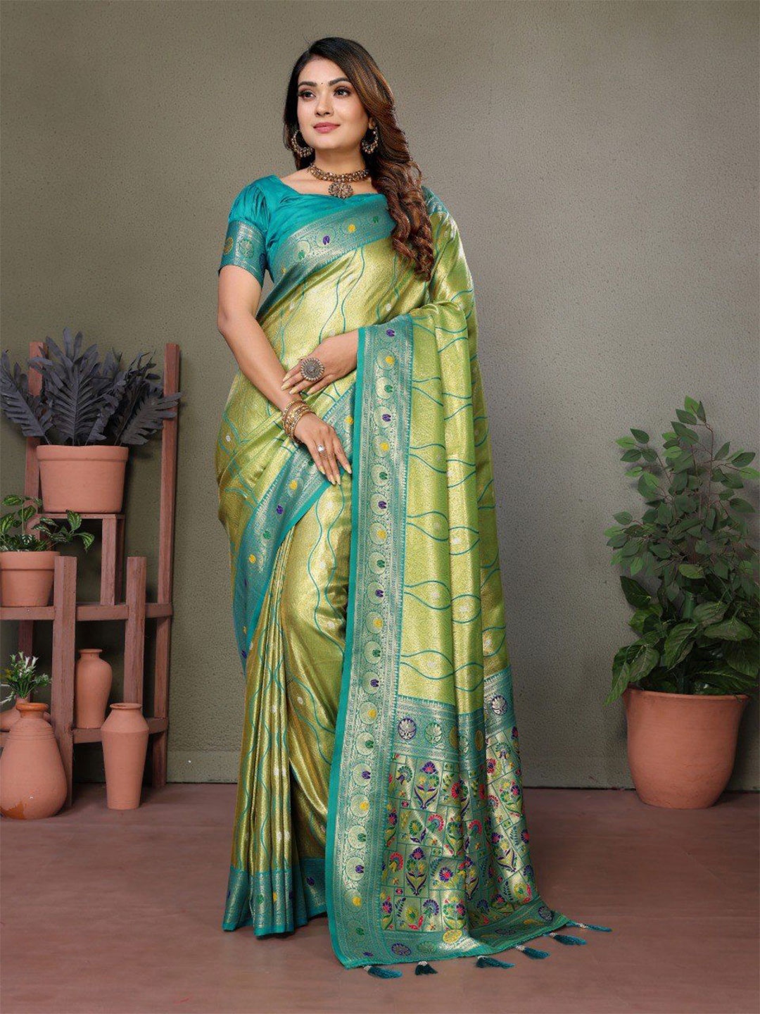 

Anaita Ethnic Motifs Woven Design Zari Banarasi Saree, Green