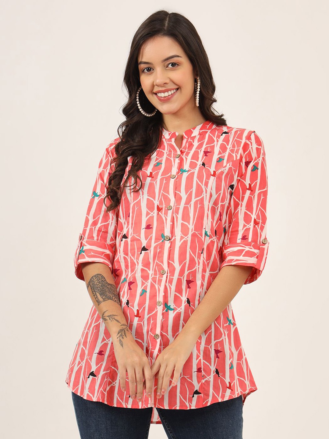 

BAESD Women Print Mandarin Collar Roll-Up Sleeves Cotton Shirt Style Top, Pink