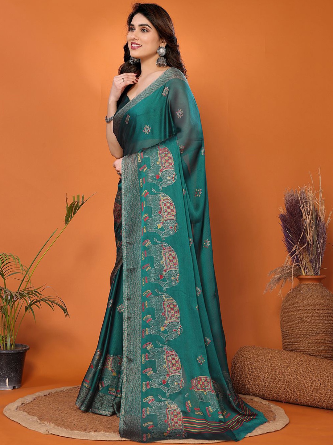 

FABMORA Ethnic Motifs Printed Saree with Blouse Piece, Sea green