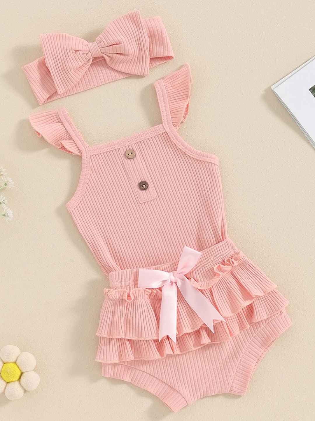 

LULU & SKY Girls Square Neck Pure Cotton Top With Shorts & Head Bow, Pink