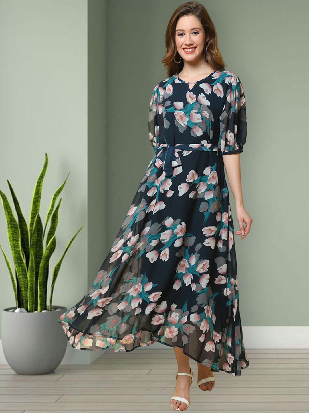 

Mast & Harbour Women Floral Printed Georgette Fit & Flare Midi Dress, Navy blue