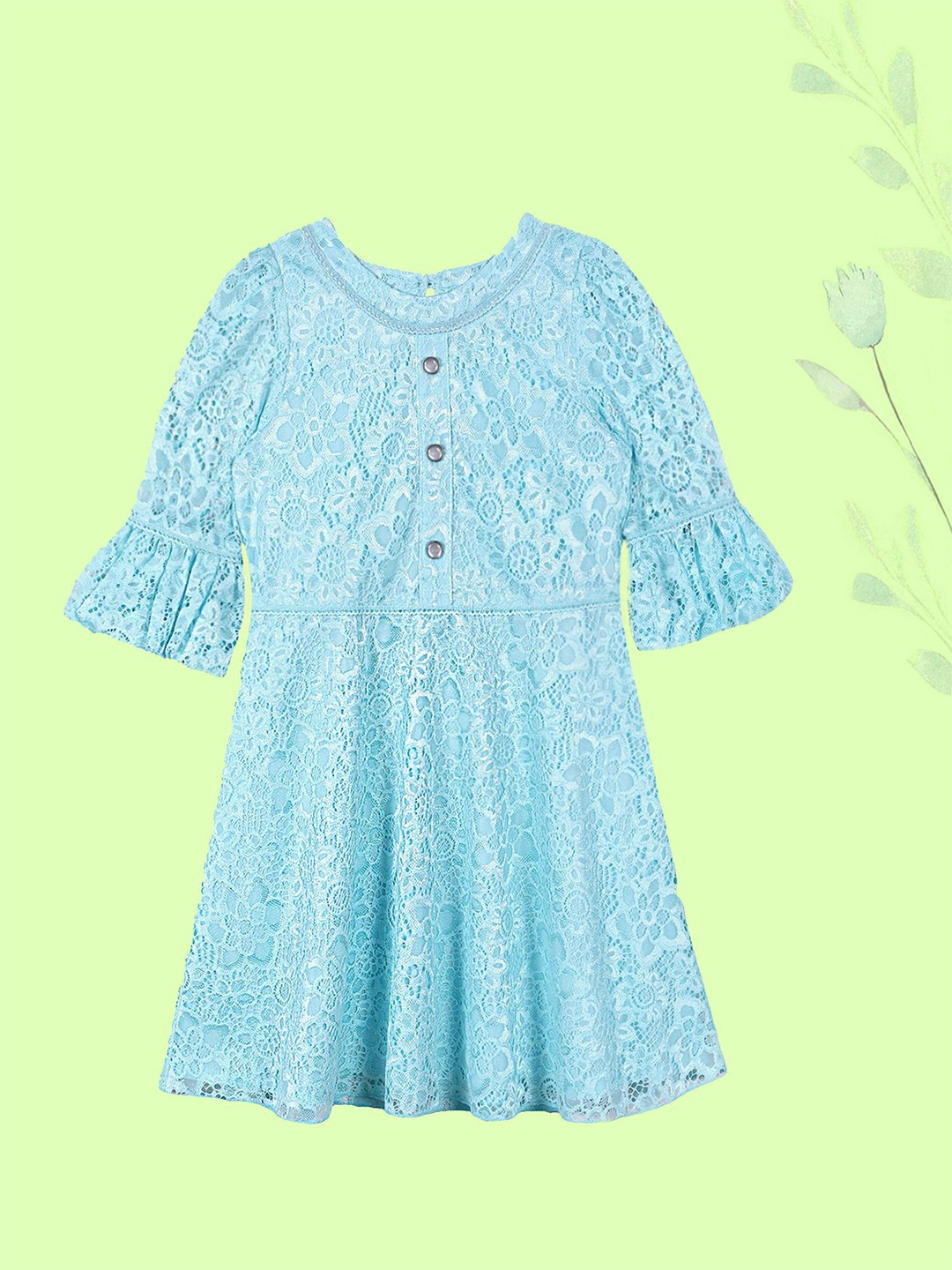 

CACA CINA Girls Self Design Bell Sleeve Lace Fit & Flare Dress, Blue