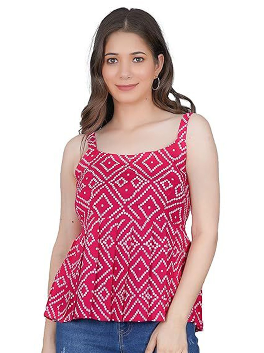 

Madnoo Women Bandhani Printed Ethnic Peplum Top, Pink