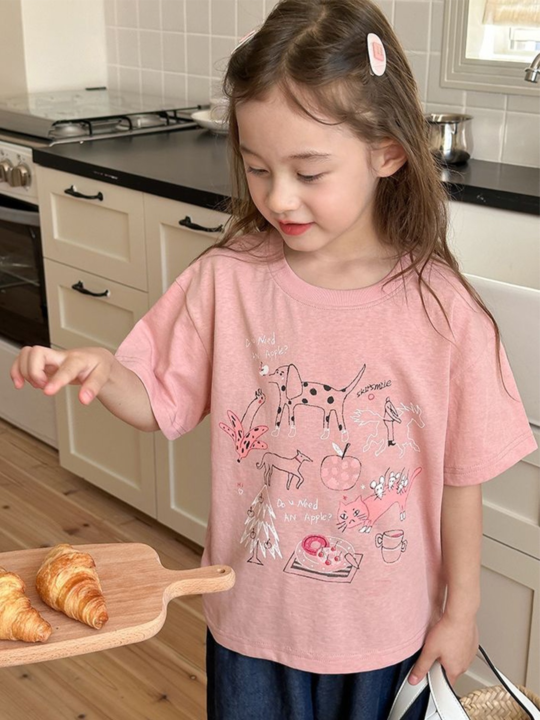 

LULU & SKY Girls Conversational Printed Pure Cotton Regular Top, Pink