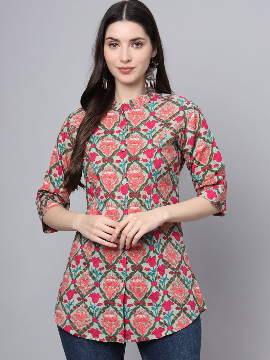 

BAESD Floral Print Mandarin Collar Roll-Up Sleeves Ethnic Cotton Top, Multi