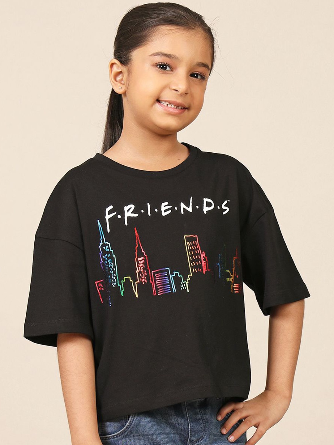 

Kids Ville Girls Friends Typography Printed Round Neck Cotton Boxy T-shirt, Black