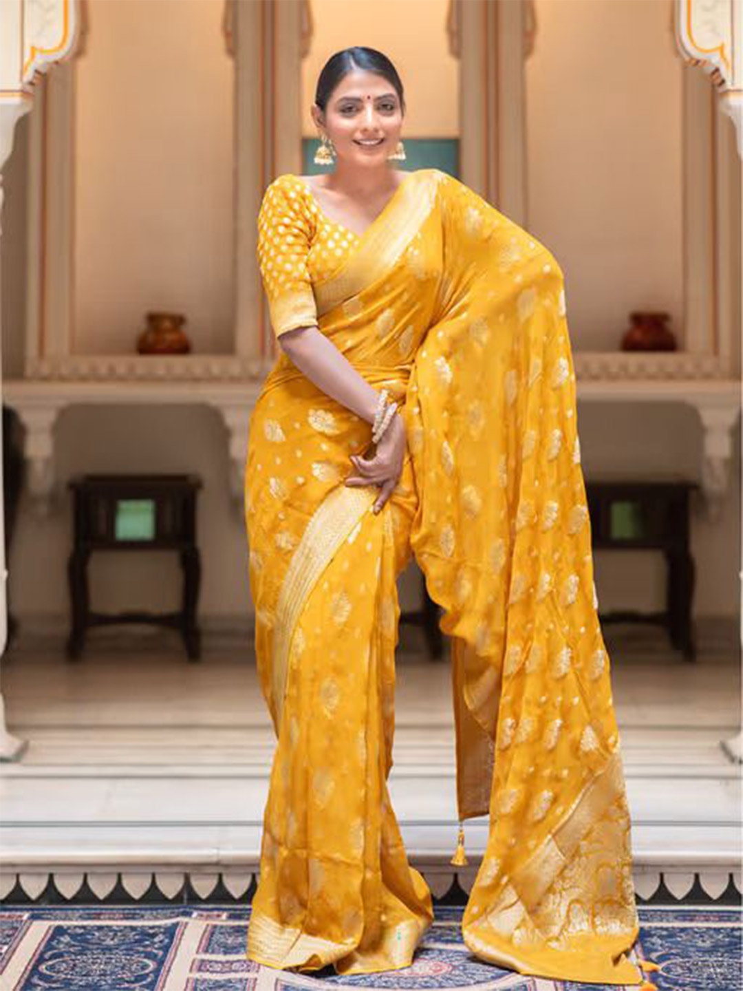 

A TO Z CART Ethnic Motifs Woven Design Zari Pure Silk Saree, Yellow